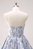 A Line Blue Sweetheart Floral Corset Cocktail Dress