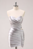 Silver Strapless Hollow Out Pleated Tight Cocktail Dress with Beading