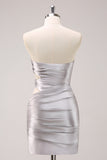 Silver Strapless Hollow Out Pleated Tight Cocktail Dress with Beading