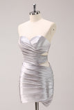 Silver Strapless Hollow Out Pleated Tight Cocktail Dress with Beading