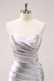 Silver Strapless Hollow Out Pleated Tight Cocktail Dress with Beading