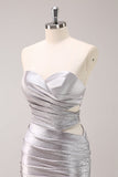 Silver Strapless Hollow Out Pleated Tight Cocktail Dress with Beading