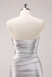 Silver Strapless Hollow Out Pleated Tight Cocktail Dress with Beading