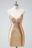 Golden Bodycon Spaghetti Straps Beaded Cocktail Dress with Lace Up Back