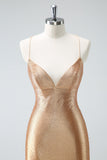 Golden Bodycon Spaghetti Straps Beaded Cocktail Dress with Lace Up Back