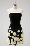 Black Strapless Bodycon Short Cocktail Dress with 3D Flowers