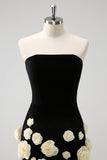 Black Strapless Bodycon Short Cocktail Dress with 3D Flowers