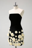 Black Strapless Bodycon Short Cocktail Dress with 3D Flowers