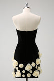 Black Strapless Bodycon Short Cocktail Dress with 3D Flowers