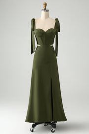 Olive A-Line Spaghetti Straps Floor Length Wedding Guest Dress with Slit