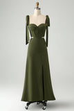 Olive A-Line Spaghetti Straps Floor Length Wedding Guest Dress with Slit