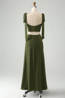Olive A-Line Spaghetti Straps Floor Length Wedding Guest Dress with Slit