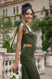 Olive A Line Spaghetti Straps Floor Length Bridesmaid with Slit