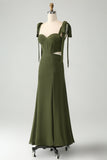 Olive A-Line Spaghetti Straps Floor Length Wedding Guest Dress with Slit