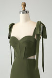 Olive A-Line Spaghetti Straps Floor Length Wedding Guest Dress with Slit