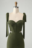 Olive A-Line Spaghetti Straps Floor Length Wedding Guest Dress with Slit