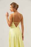 Yellow A Line Halter Cut Out Backless Long Bridesmaid Dress with Flower