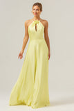 Yellow A Line Halter Cut Out Backless Long Bridesmaid Dress with Flower