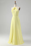 Yellow A Line Halter Cut Out Long Bridesmaid Dress with Flower