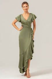 Olive A Line V Neck Satin Asymmetrical Bridesmaid Dress with Ruffle Slit