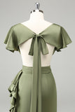 Olive V Neck Satin Sheath Wedding Guest Dress with Ruffles