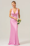 Pink Mermaid V Neck Ruched Satin Long Bridesmaid Dress with Lace Up Back