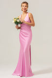 Pink Mermaid V Neck Ruched Satin Long Bridesmaid Dress with Lace Up Back