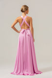 Pink A Line V-Neck Backless Satin Long Bridesmaid Dress with Slit