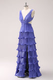 Purple A-Line Deep V Neck Tiered Long Bridesmaid Dress with Slit