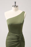 Olive One Shoulder Mermaid Satin Long Bridesmaid Dress