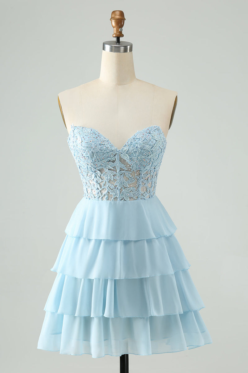 Load image into Gallery viewer, Light Blue A Line Sweetheart Tiered Cocktail Dress with Appliques
