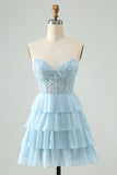 Light Blue A Line Sweetheart Tiered Cocktail Dress with Appliques