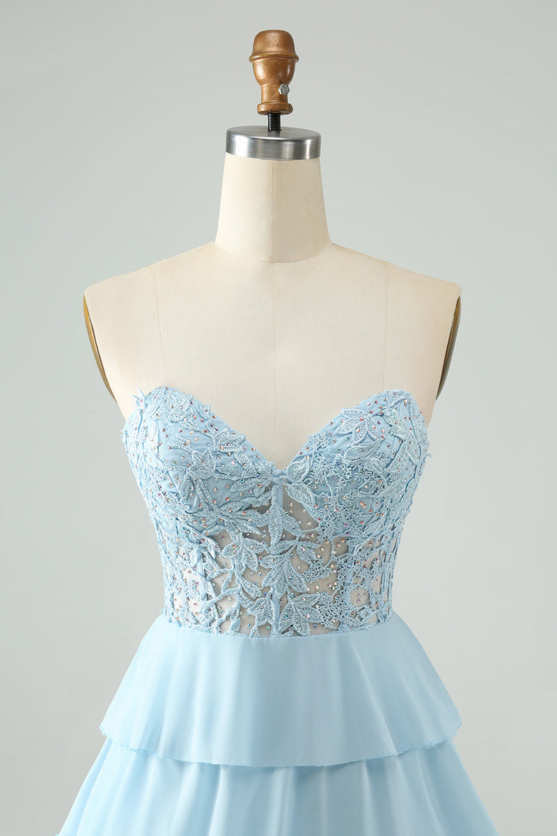 Load image into Gallery viewer, Light Blue A Line Sweetheart Tiered Cocktail Dress with Appliques