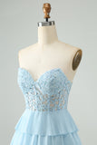 Light Blue A Line Sweetheart Tiered Cocktail Dress with Appliques