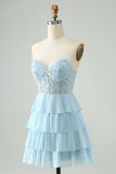 Light Blue A Line Sweetheart Tiered Cocktail Dress with Appliques