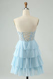 Light Blue A Line Sweetheart Tiered Cocktail Dress with Appliques