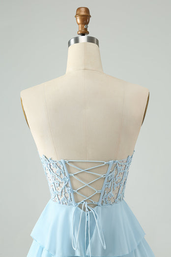 Light Blue A Line Sweetheart Tiered Cocktail Dress with Appliques