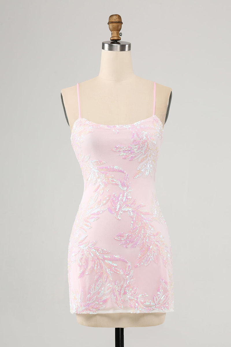 Load image into Gallery viewer, Sparkly Pink Spaghetti Straps Tight Cocktail Dress with Sequins