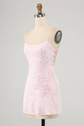 Sparkly Pink Spaghetti Straps Tight Cocktail Dress with Sequins