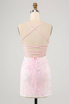 Pink Spaghetti Straps Bodycon Cocktail Dress with Criss Cross Back