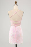 Sparkly Pink Spaghetti Straps Tight Cocktail Dress with Sequins