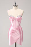 Sparkly Pink Spaghetti Straps Corset Tight Cocktail Dress with Beading