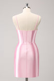 Sparkly Pink Spaghetti Straps Corset Tight Cocktail Dress with Beading