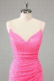 Glitter Hot Pink Bodycon Spaghetti Straps Sequins Cocktail Dress