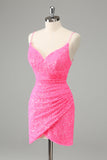 Glitter Hot Pink Bodycon Spaghetti Straps Sequins Cocktail Dress