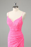 Glitter Hot Pink Bodycon Spaghetti Straps Sequins Cocktail Dress