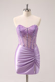 Lilac Strapless Sequins Corset Ruched Tight Cocktail Dress