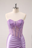 Lilac Strapless Sequins Corset Ruched Tight Cocktail Dress