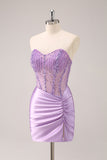 Lilac Strapless Sequins Corset Ruched Tight Cocktail Dress