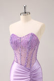 Lilac Strapless Sequins Corset Ruched Tight Cocktail Dress